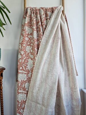 Kantha Stitch Pure Cotton Reversible Bed/Sofa Throw King Size Handmade Floral Indian Dohar Elegant Dusted Rose Peach Botanical Bloom - Image 7