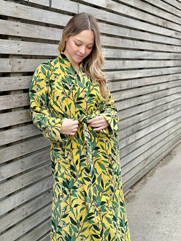 Luxury Velvet House Robe Unisex Kimono Boho Jacket Reversible Indian Silky Lined Autumn Winter Christmas Gift Yellow Green Forest Leaves