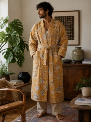 Quilted Pure Cotton Reversible Mid Length Unisex All Season Dressing Kimono Robe Boho Blockprint | Mustard Beige Oriental Olive Green Stripe
