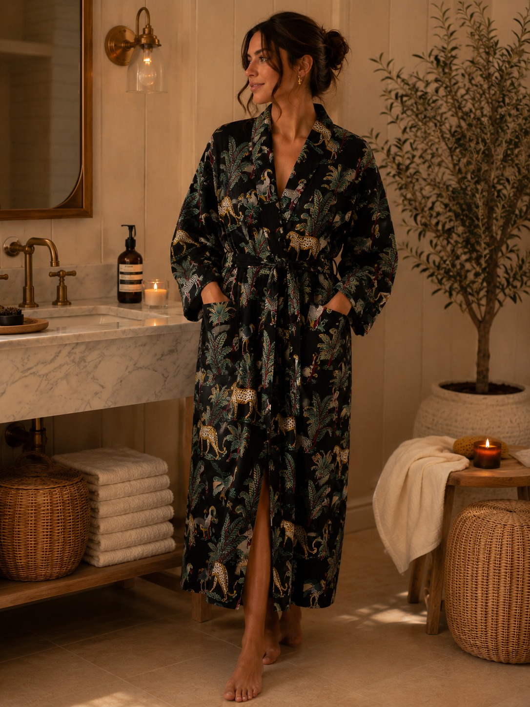 Pure Waffle Cotton Unisex Handprint House Bath Robe Summer Kimono | Floral Spa Beach Coverup | Spring Navy Blue Jungle Safari Animal Cheetah