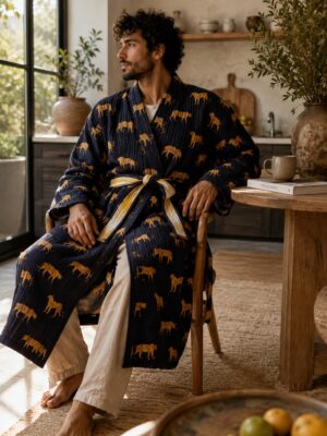 Quilted Unisex Pure Cotton Reversible Long Autumn Winter Dressing Kimono Robe Boho Indian Blockprint Classic Black Leopard Ikat Yellow