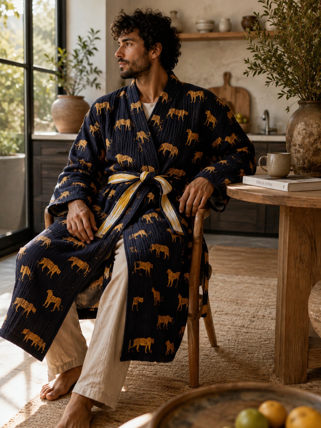 Quilted Unisex Pure Cotton Reversible Long Autumn Winter Dressing Kimono Robe Boho Indian Blockprint Classic Black Leopard Ikat Yellow