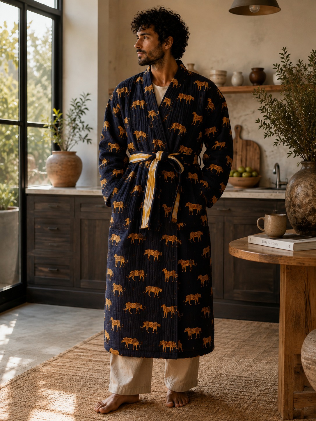 Quilted Unisex Pure Cotton Reversible Long Autumn Winter Dressing Kimono Robe Boho Indian Blockprint Classic Black Leopard Ikat Yellow - Image 11