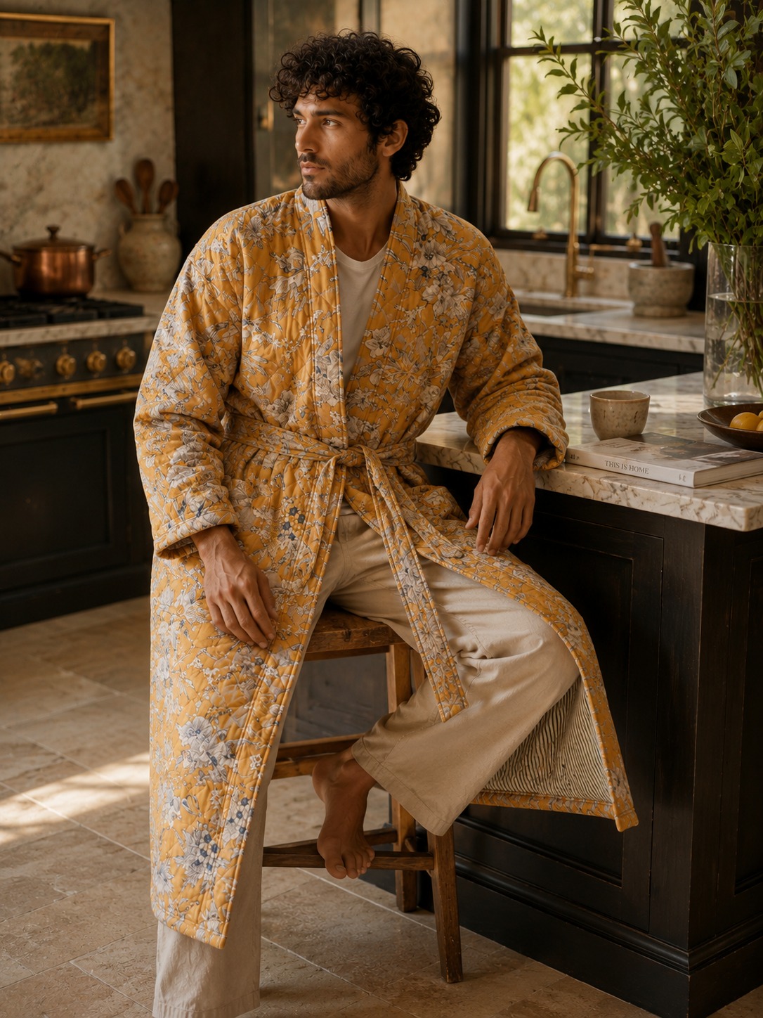 Quilted Pure Cotton Reversible Mid Length Unisex All Season Dressing Kimono Robe Boho Blockprint | Mustard Beige Oriental Olive Green Stripe - Image 10