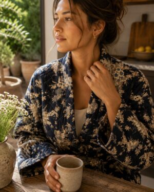 Quilted Pure Cotton Reversible Mid Length Unisex All Season Dressing Kimono Robe Boho Blockprint | Monochrome Black Beige Oriental Stripe