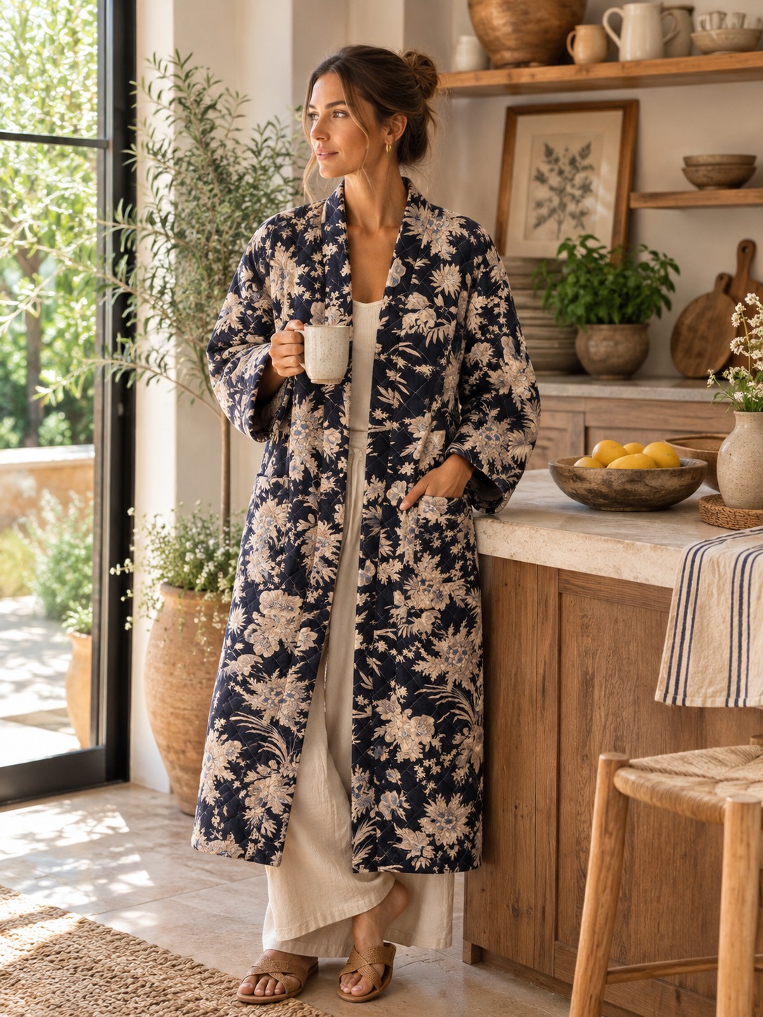 Quilted Pure Cotton Reversible Mid Length Unisex All Season Dressing Kimono Robe Boho Blockprint | Monochrome Black Beige Oriental Stripe - Image 11