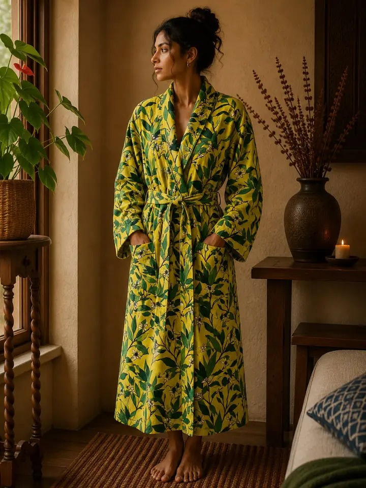 Luxury Velvet House Robe Unisex Kimono Boho Jacket Reversible Indian Silky Lined Autumn Winter Christmas Gift Yellow Green Forest Leaves