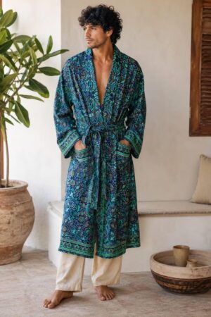 Men's Silk Boho Kimonos Man House Beach Artist Robe- Digital Turquoise Aqua Sea Wonder