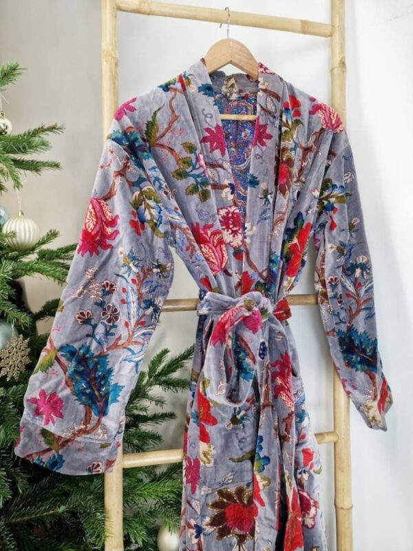 Luxury Velvet House Robe Unisex Kimono Boho Jacket Lined Exotic Gift Elegant Rich Chic Steel Lavender Grey Hue Teal Pink Paradise Bloom