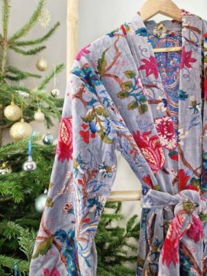 Luxury Velvet House Robe Unisex Kimono Boho Jacket Lined Exotic Gift Elegant Rich Chic Steel Lavender Grey Hue Teal Pink Paradise Bloom - Image 2