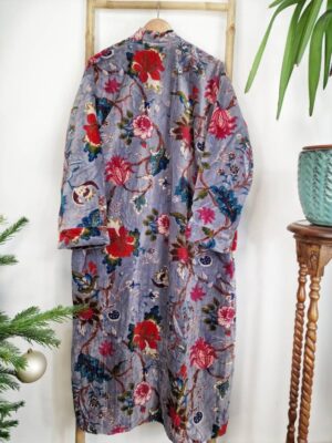 Luxury Velvet House Robe Unisex Kimono Boho Jacket Lined Exotic Gift Elegant Rich Chic Steel Lavender Grey Hue Teal Pink Paradise Bloom - Image 3