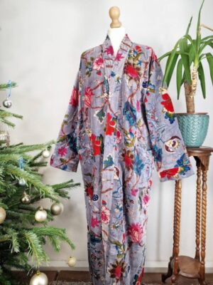 Luxury Velvet House Robe Unisex Kimono Boho Jacket Lined Exotic Gift Elegant Rich Chic Steel Lavender Grey Hue Teal Pink Paradise Bloom - Image 4