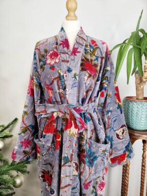 Luxury Velvet House Robe Unisex Kimono Boho Jacket Lined Exotic Gift Elegant Rich Chic Steel Lavender Grey Hue Teal Pink Paradise Bloom - Image 5