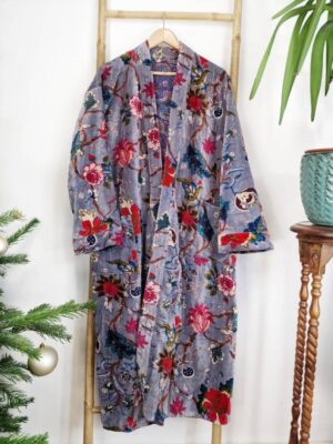 Luxury Velvet House Robe Unisex Kimono Boho Jacket Lined Exotic Gift Elegant Rich Chic Steel Lavender Grey Hue Teal Pink Paradise Bloom - Image 6