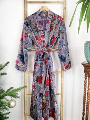 Luxury Velvet House Robe Unisex Kimono Boho Jacket Lined Exotic Gift Elegant Rich Chic Steel Lavender Grey Hue Teal Pink Paradise Bloom - Image 7