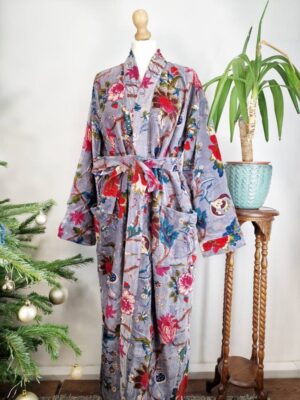 Luxury Velvet House Robe Unisex Kimono Boho Jacket Lined Exotic Gift Elegant Rich Chic Steel Lavender Grey Hue Teal Pink Paradise Bloom - Image 8