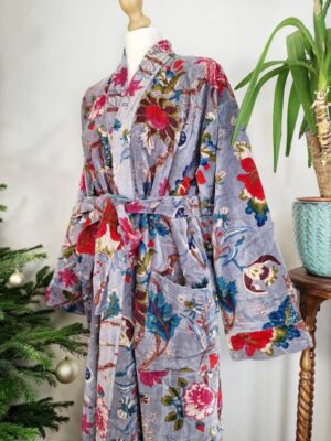Luxury Velvet House Robe Unisex Kimono Boho Jacket Lined Exotic Gift Elegant Rich Chic Steel Lavender Grey Hue Teal Pink Paradise Bloom - Image 9