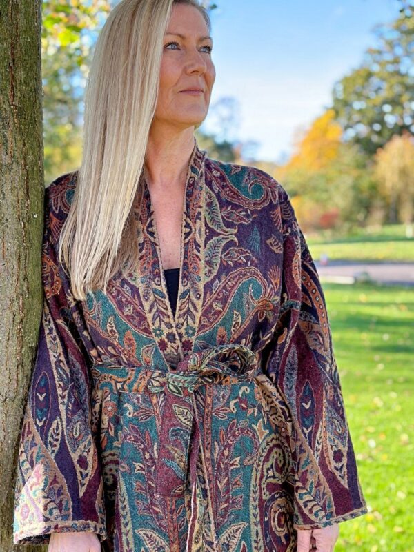 Luxury Pure Merino Boiled Wool Unisex Paisley Floral Kimono Jacket Robe | Persian Oriental Ruby Purple Teal Hues Desire | Winter Lover Gift