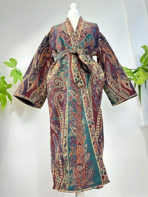 Luxury Pure Merino Boiled Wool Unisex Paisley Floral Kimono Jacket Robe | Persian Oriental Ruby Purple Teal Hues Desire | Winter Lover Gift - Image 10