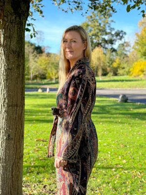 Luxury Pure Merino Boiled Wool Unisex Paisley Floral Kimono Jacket Robe | Persian Oriental Ruby Purple Teal Hues Desire | Winter Lover Gift - Image 4
