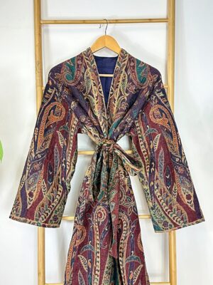 Luxury Pure Merino Boiled Wool Unisex Paisley Floral Kimono Jacket Robe | Persian Oriental Ruby Purple Teal Hues Desire | Winter Lover Gift - Image 6