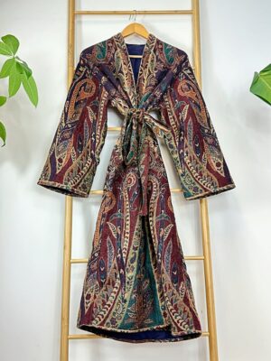 Luxury Pure Merino Boiled Wool Unisex Paisley Floral Kimono Jacket Robe | Persian Oriental Ruby Purple Teal Hues Desire | Winter Lover Gift - Image 7