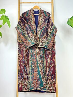 Luxury Pure Merino Boiled Wool Unisex Paisley Floral Kimono Jacket Robe | Persian Oriental Ruby Purple Teal Hues Desire | Winter Lover Gift - Image 9