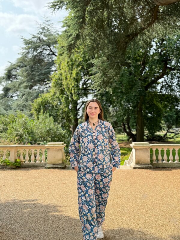 Colour Garden Hand Printed Indian Floral Pure Cotton Floral Pyjama Set | Spring Grey Blue Red Desire Flower Leaves Burst Art (Copy) (Copy)