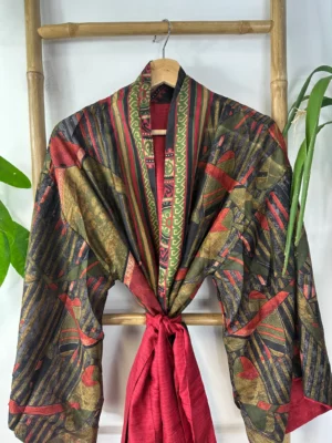 Pure Silk Reversible Recycled Vintage Sari Boho Luxury Kimonos Regal House Dressing Robe Elegant Red Beige Blue Tribal | Oriental Dream Love - Image 2