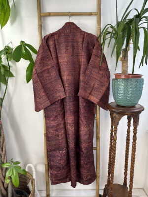 Pure Silk Reversible Recycled Vintage Sari Boho Luxury Kimonos Regal House Dressing Robe Elegant Red Beige Blue Tribal | Oriental Dream Love - Image 2