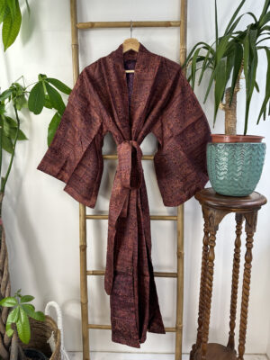 Pure Silk Reversible Recycled Vintage Sari Boho Luxury Kimonos Regal House Dressing Robe Elegant Red Beige Blue Tribal | Oriental Dream Love - Image 3
