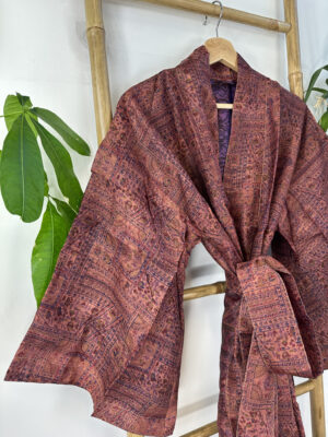 Pure Silk Reversible Recycled Vintage Sari Boho Luxury Kimonos Regal House Dressing Robe Elegant Red Beige Blue Tribal | Oriental Dream Love - Image 5