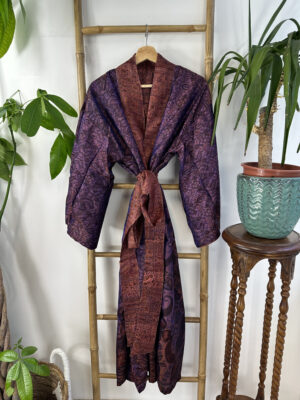 Pure Silk Reversible Recycled Vintage Sari Boho Luxury Kimonos Regal House Dressing Robe Elegant Red Beige Blue Tribal | Oriental Dream Love - Image 7