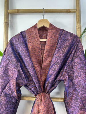 Pure Silk Reversible Recycled Vintage Sari Boho Luxury Kimonos Regal House Dressing Robe Elegant Red Beige Blue Tribal | Oriental Dream Love - Image 8