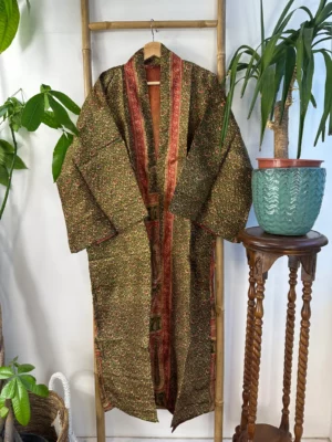 Pure Silk Reversible Recycled Vintage Sari Boho Luxury Kimonos Regal House Dressing Robe Elegant Red Beige Blue Tribal | Oriental Dream Love - Image 2