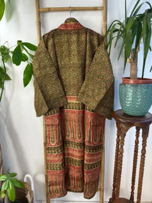 Pure Silk Reversible Recycled Vintage Sari Boho Luxury Kimonos Regal House Dressing Robe Elegant Red Beige Blue Tribal | Oriental Dream Love - Image 3
