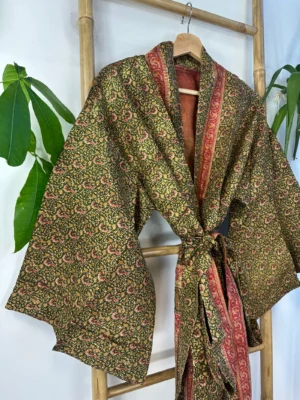 Pure Silk Reversible Recycled Vintage Sari Boho Luxury Kimonos Regal House Dressing Robe Elegant Red Beige Blue Tribal | Oriental Dream Love - Image 5