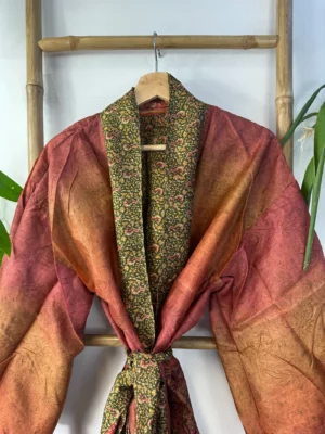 Pure Silk Reversible Recycled Vintage Sari Boho Luxury Kimonos Regal House Dressing Robe Elegant Red Beige Blue Tribal | Oriental Dream Love - Image 8