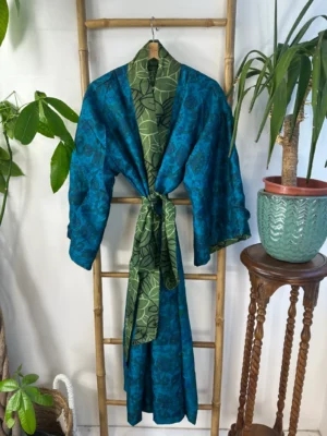 Pure Silk Reversible Recycled Vintage Sari Boho Luxury Kimonos Regal House Dressing Robe Elegant Red Beige Blue Tribal | Oriental Dream Love - Image 7