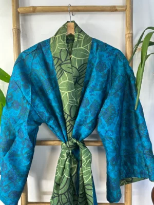 Pure Silk Reversible Recycled Vintage Sari Boho Luxury Kimonos Regal House Dressing Robe Elegant Red Beige Blue Tribal | Oriental Dream Love - Image 8