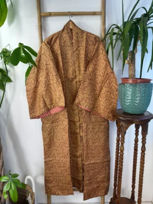 Pure Silk Reversible Recycled Vintage Sari Boho Luxury Kimonos Regal House Dressing Robe Elegant Red Beige Blue Tribal | Oriental Dream Love - Image 2