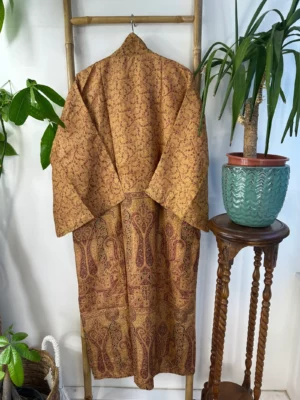 Pure Silk Reversible Recycled Vintage Sari Boho Luxury Kimonos Regal House Dressing Robe Elegant Red Beige Blue Tribal | Oriental Dream Love - Image 3