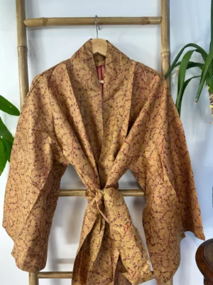 Pure Silk Reversible Recycled Vintage Sari Boho Luxury Kimonos Regal House Dressing Robe Elegant Red Beige Blue Tribal | Oriental Dream Love - Image 4