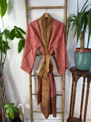 Pure Silk Reversible Recycled Vintage Sari Boho Luxury Kimonos Regal House Dressing Robe Elegant Red Beige Blue Tribal | Oriental Dream Love - Image 7