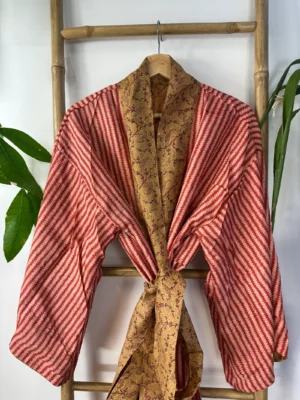 Pure Silk Reversible Recycled Vintage Sari Boho Luxury Kimonos Regal House Dressing Robe Elegant Red Beige Blue Tribal | Oriental Dream Love - Image 8
