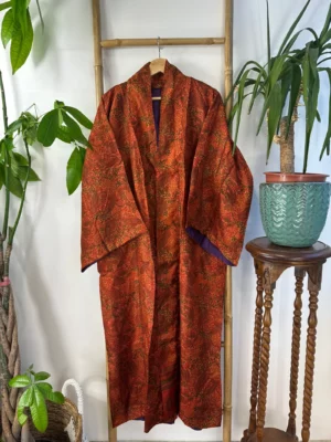 Pure Silk Reversible Recycled Vintage Sari Boho Luxury Kimonos Regal House Dressing Robe Elegant Red Beige Blue Tribal | Oriental Dream Love - Image 2
