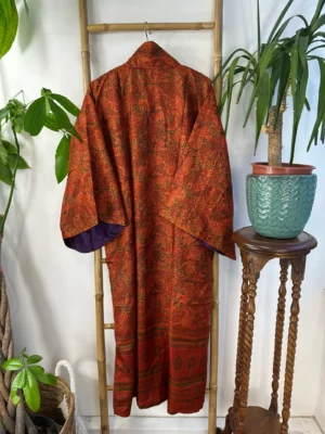 Pure Silk Reversible Recycled Vintage Sari Boho Luxury Kimonos Regal House Dressing Robe Elegant Red Beige Blue Tribal | Oriental Dream Love - Image 3