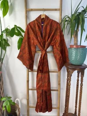 Pure Silk Reversible Recycled Vintage Sari Boho Luxury Kimonos Regal House Dressing Robe Elegant Red Beige Blue Tribal | Oriental Dream Love - Image 4