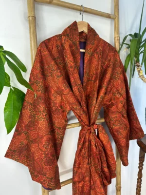 Pure Silk Reversible Recycled Vintage Sari Boho Luxury Kimonos Regal House Dressing Robe Elegant Red Beige Blue Tribal | Oriental Dream Love - Image 6