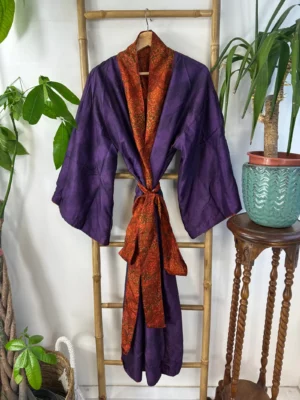Pure Silk Reversible Recycled Vintage Sari Boho Luxury Kimonos Regal House Dressing Robe Elegant Red Beige Blue Tribal | Oriental Dream Love - Image 7